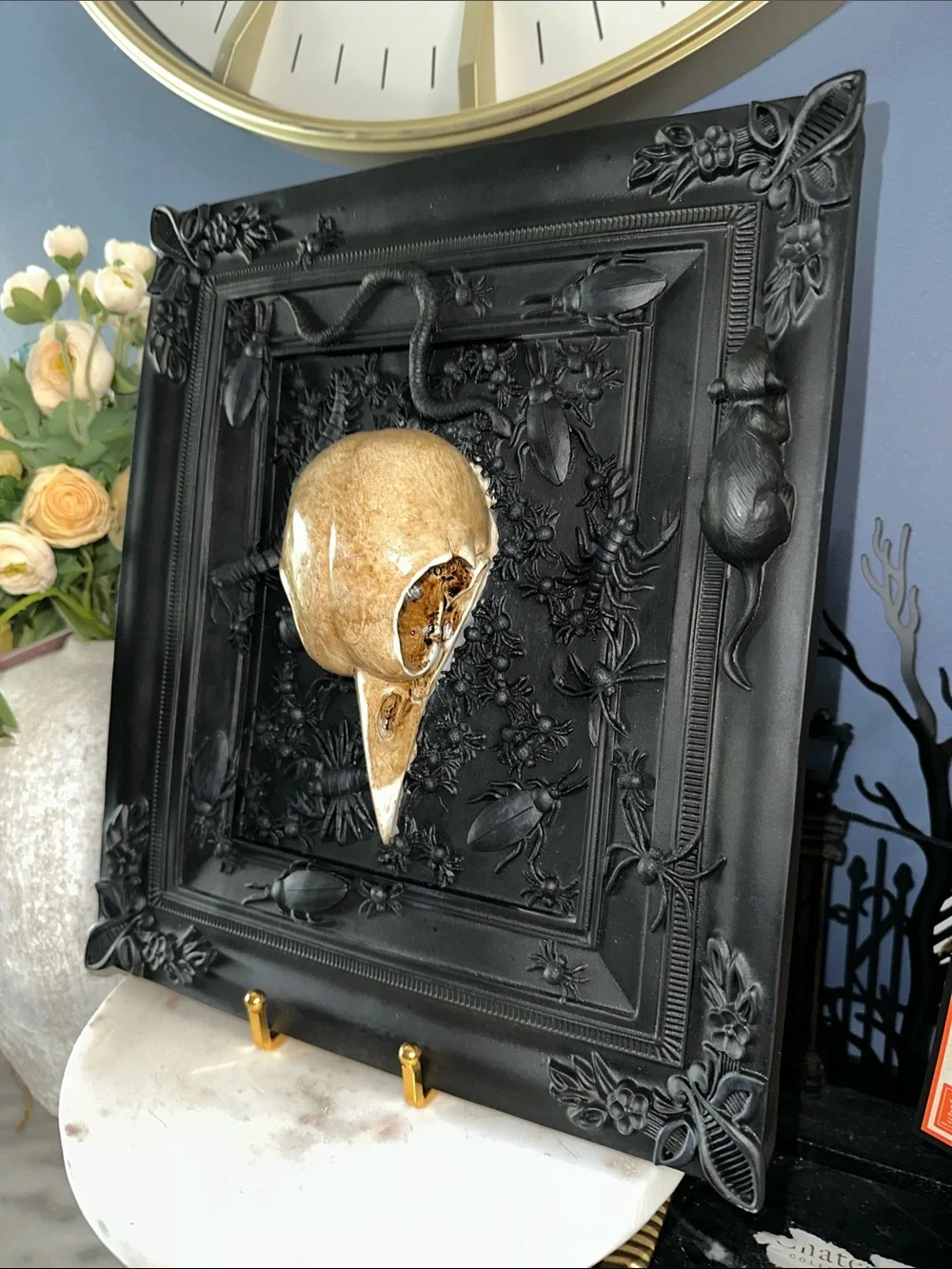 Black Ornate 3D Wall Plaque with Gold Bird Skull Accent lights up Crow skull